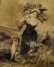 Unsigned George Honig Pencil Drawing of Girl Carrying Plant with Cows and Calf